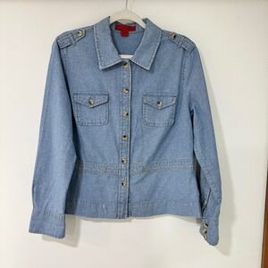 Sunset Rd. Denim Button Down Jacket Womens Size 12 Blue Epaulettes Utility‎